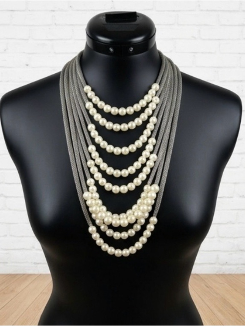 Vintage Ivory Pearl Multi-Strand Necklace with silver tone Cords - Women Jewelry - Picture 2 of 4